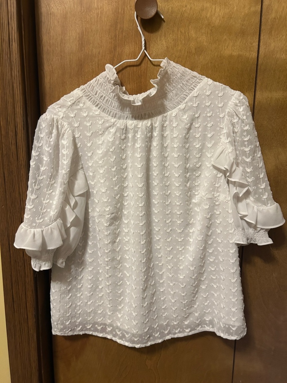 Sugarlips White Swiss Dot Ruffle Mock Neck Blouse